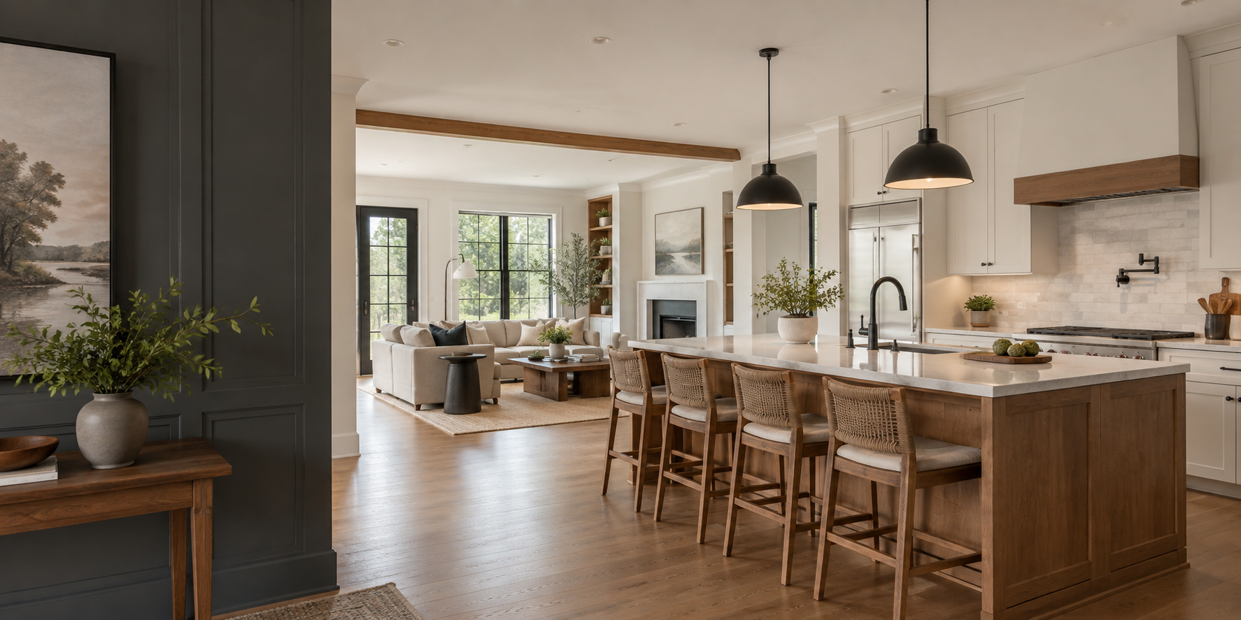 Neutral, professionally remodeled open-plan kitchen and living room inspiration